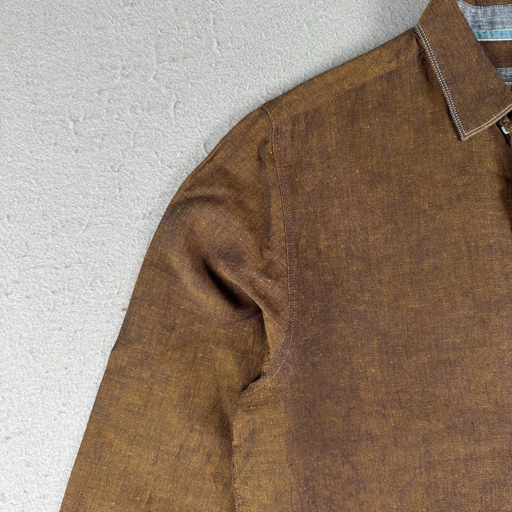 32 Bar Blue Button Up Shirt Men's Medium Metallic Copper Bronze Cotton Linen - Picture 7 of 16
